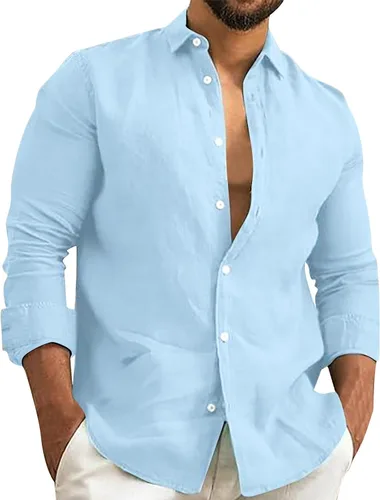 Vista 15 de Camisa de algodón y lino para hombre, manga larga, cuello liso, con botones, camiseta casual para playa y verano AG