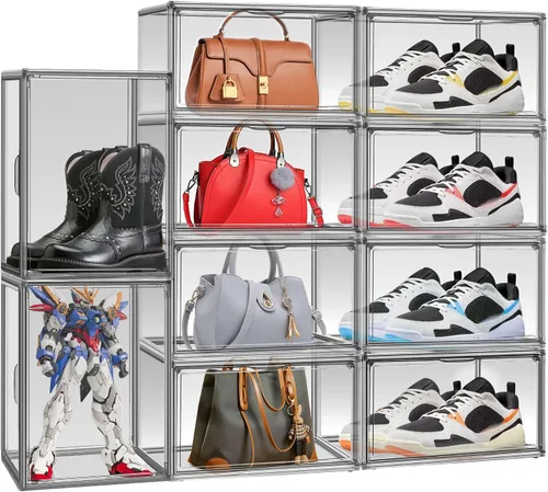 Vista 7 de Paquete de 2 cajas de zapatos de acrílico para armario, transparentes, apilables, tamaño 12 contenedores de almacenamiento de zapatos con tapas