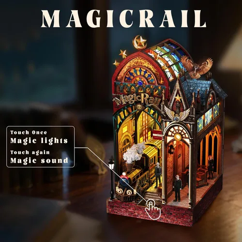 Vista 7 de Kit de rincón de libros, estante en miniatura para casa con luces LED y música, rompecabezas de madera 3D de estación de tren retro para adultos