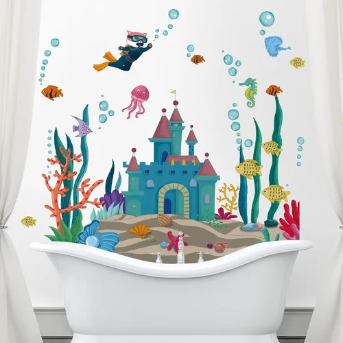 Vista 5 de Calcomanías de pared de peces marinos 3D bajo el mar, castillo, calcomanías de pared removibles de algas marinas, corales de medusas de burbujas