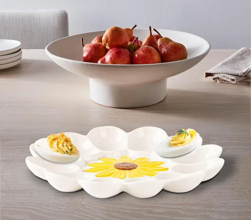Vista 5 de YU&CH Bandeja de huevo Deviled de girasol de cerámica - Plato de huevo blanco para fiesta