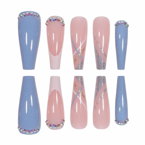 Vista 68 de MISUD - Uñas postizas a presión largas en forma de ataúd con pegamento, diseño de punta francesa acrílica azul de verano, 24 piezas