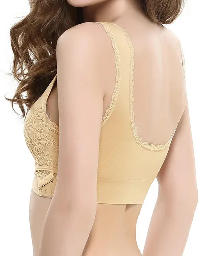 Vista 6 de Brasier de encaje con hebilla lateral cruzada frontal para mujer, brasier cómodo corsé sin alambre, brasier de encaje push up, talla grande