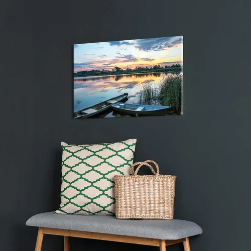 Vista 6 de Arte de Pared en Lienzo de Paisaje de Lago: Pintura Moderna Relajante del Horizonte al Atardecer, Impresión Simple y Natural de Barco y Juncos