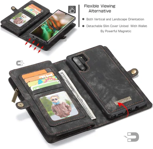 Vista 5 de Funda para Samsung Galaxy Note 10 Plus, funda de cuero con cremallera, funda magnética desmontable con ranuras para tarjetas de crédito, soporte