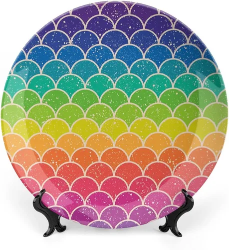 Vista 8 de XISUNYA Plato decorativo de 6 pulgadas, plato de porcelana arcoíris, teñido anudado grunge Ikat, patrón psicodélico, placa de exhibición hecha a