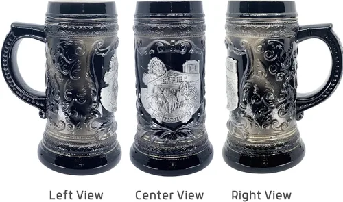 Vista 4 de OktoberfestHaus Oktoberfest Stein Bier Krug - Jarra de cerámica negra de carbón con medallón de metal de caballos de tiro alemanes y Wagon