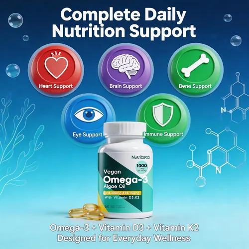 Vista 5 de Suplemento de aceite de algas omega-3 vegano con DHA 300 mg y EPA 150 mg, Omega-3 a base de plantas con vitamina D3 y K2, cápsulas blandas de aceite