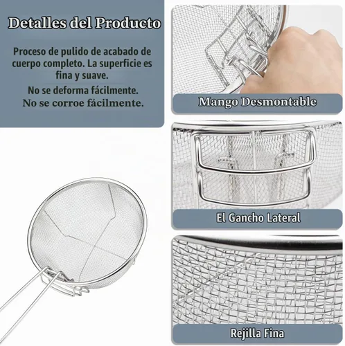 Vista 3 de Cesta de drenaje de acero inoxidable, cesta plegable multifuncional para freír – Malla de alambre redonda para freír chips franceses para servir