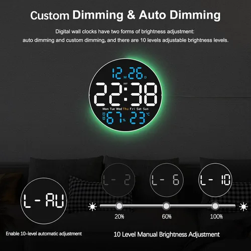 Vista 4 de JoFomp Reloj de pared digital grande de 10 pulgadas con control remoto, pantalla LED, reloj despertador digital enchufable, brillo automático, DST