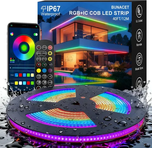 Vista 8 de Tira de luces para exteriores con control remoto, 118 (98 + 12) pies, RGB+IC+luz blanca cálida para exteriores, 36 bombillas LED, no extensibles