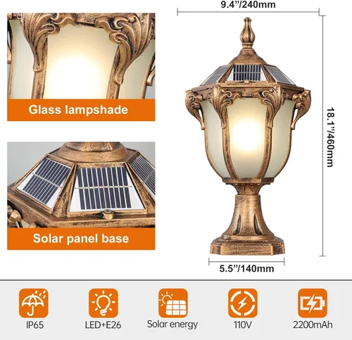 Vista 7 de SLAWA 2 paquetes de lámparas de pilar solar de 18.1 pulgadas, luces de tapa de poste exterior, lámparas de iluminación de poste de energía solar