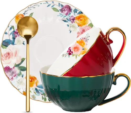 Vista 8 de ONEUSTAR Juego de taza de té y platillo para 1 taza de té floral de porcelana de hueso con cuchara, taza de café de 8 onzas, taza de capuchino latte