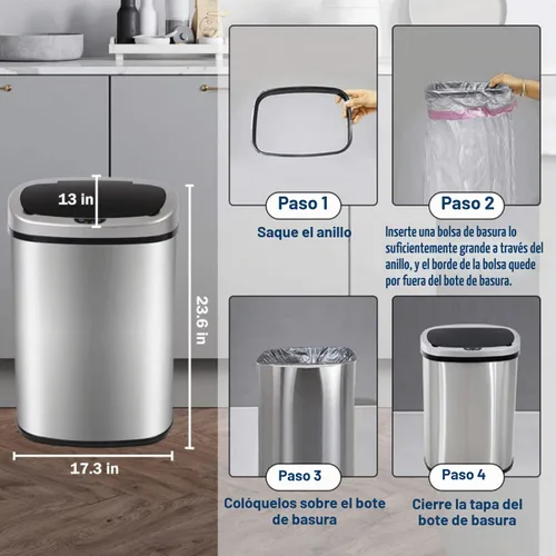 Vista 7 de Bote de basura automático de 13 galones, cubo de basura de cocina con tapa, estilo moderno, sin tacto, de alta capacidad, de acero inoxidable