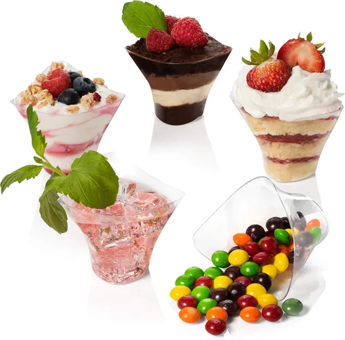 Vista 5 de Paquete de 96 mini vasos de postre de plástico triangular, 3.5 onzas con cucharas, vaso de plástico transparente con mini cuchara para postre