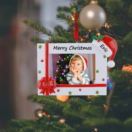Vista 2 de Adorno personalizado para árbol de Navidad, marco de fotos con sombrero de Papá Noel, regalo personalizado para la primera Navidad del bebé