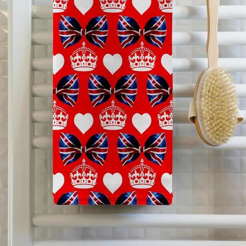 Vista 2 de 3dRose British Union Jack Bow Ties, Crowns and Hearts on Red Background 22x30 Bath Hand Pool Towel