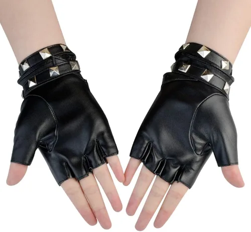 Vista 4 de Guantes de piel sintética con remaches punk, de medio dedo, sin dedos, para mujer