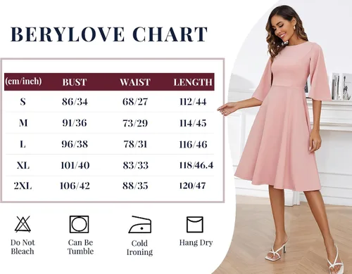 Vista 6 de BeryLove Vestido de invitada de boda de otoño para mujer, cuello barco, manga acampanada 34, casual, fluido, vestido formal por debajo de la rodilla