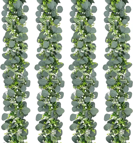 Vista 9 de Waipfaru 2 guirnaldas de eucalipto con margaritas 3D, guirnalda verde con flores, hojas de eucalipto artificiales de 5.9 pies, enredaderas