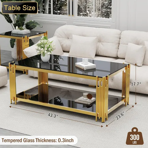 Vista 2 de Mesa de centro de cristal negro de 43 pulgadas, mesa moderna para sala de estar, acero inoxidable dorado, patas de metal, rectangular, de vidrio