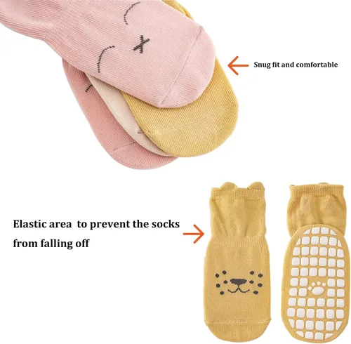 Vista 4 de vkxqtep Calcetines antideslizantes para niños pequeños, bonitos calcetines para bebés con empuñaduras para bebés, niños y niñas, 4 pares