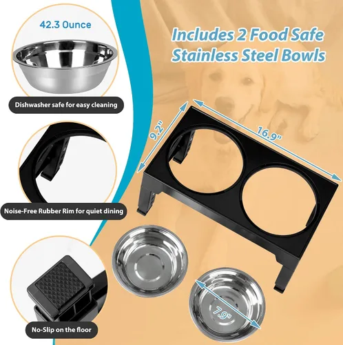 Vista 3 de Niubya Cuencos elevados para perros con 2 cuencos de comida de acero inoxidable para perros, cuenco elevado para perros que se ajusta a 5 alturas