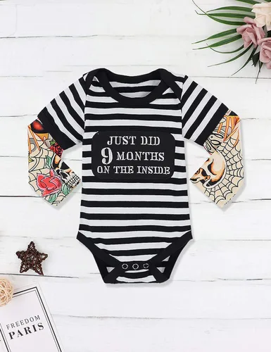 Vista 2 de Ropa de bebé niño, ropa de bebé niño con letras impresas, mameluco con mangas de tatuaje para niño