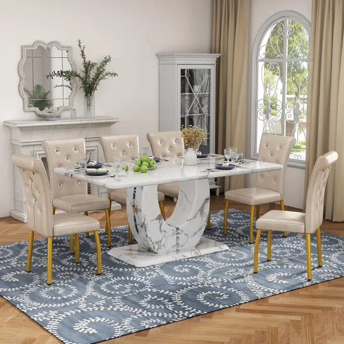 Vista 27 de Moderno juego de mesa de comedor de mármol sintético para 4, mesa de cocina rectangular blanca de 63 pulgadas con elegante base de pedestal