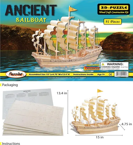 Vista 2 de Puzzled, Inc. Rompecabezas de madera natural 3D - Velero antiguo
