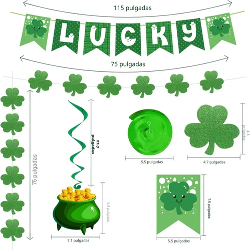 Vista 6 de 31 piezas de decoraciones del día de San Patricio, trébol premontado, banderines de la suerte, trébol, remolinos colgantes, decoración irlandesa