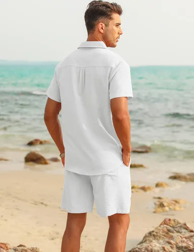 Vista 2 de LecGee Conjunto corto casual de verano para hombre, camisa cubana de lino de manga corta, pantalones cortos con cordón en la cintura, trajes