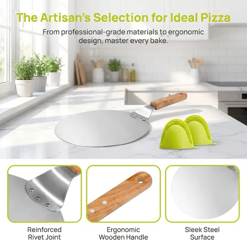 Vista 3 de KSENDALO - Levantador de pizza, 10 pulgadas con mango de madera, espátula de pizza inoxidable, bandeja para hornear pizza casera Cool-touch Wood