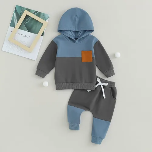 Vista 2 de Sudadera de gran tamaño con capucha de manga larga a rayas para bebé niño con pantalones con cordón, 2 piezas ropa infantil