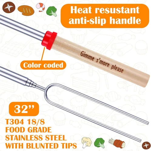 Vista 3 de 12 palitos Smores para hoguera para hoguera, malvaviscos, accesorios para fogata de 32 pulgadas, de acero inoxidable, brochetas para perros