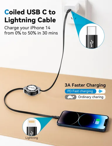 Vista 2 de Minlu Paquete de 2 cables USB tipo C a Lightning de 4 pies, cargador retráctil para iPhone de carga rápida para automóvil retráctil, cable USBC
