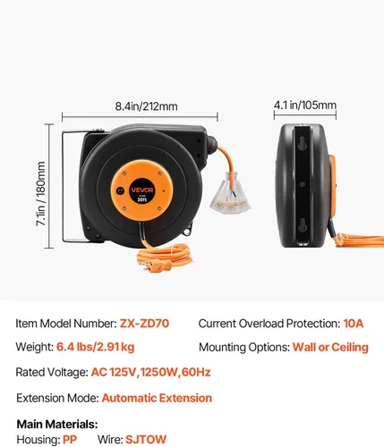 Vista 16 de VEVOR Carrete de cable de extensión retráctil de 25 pies resistente 14AWG Rojo