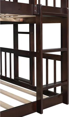 Vista 7 de Linique Litera triple de tamaño matrimonial con tobogán y escalera, marco de cama separable de madera maciza con barandilla de longitud completa