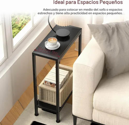 Vista 4 de Mesa auxiliar estrecha para espacios pequeños, mesa auxiliar delgada de 2 niveles, mesita de noche delgada, mesa de sofá delgada para aperitivos