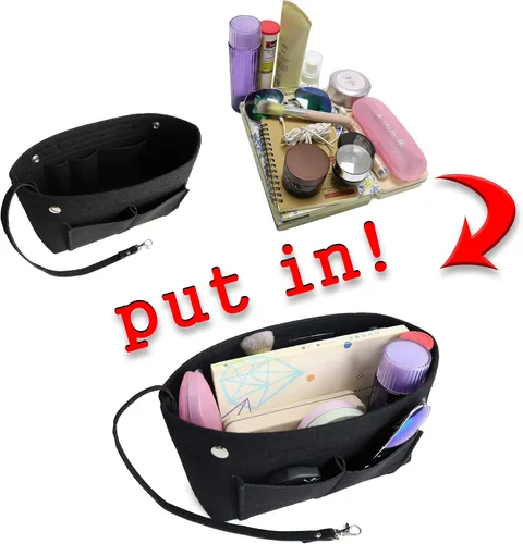 Vista 7 de MISIXILE Organizador de fieltro para bolso de mano, organizador de bolsa de mano, se adapta a Speedy Neverfull con asas y llavero, Negro
