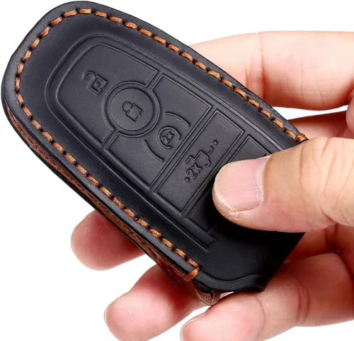 Vista 3 de Funda de cuero para llave de auto para Ford F-150 Mustang, llave inteligente con mando a distancia, funda de 5 botones, color negro