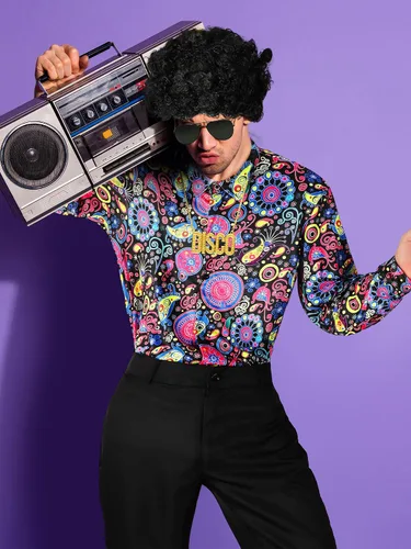 Vista 2 de Mepase 6 disfraces de discoteca de los años 70 para hombre, incluye camisa retro, pantalones acampanados, peluca, lentes de sol, collar, gorra
