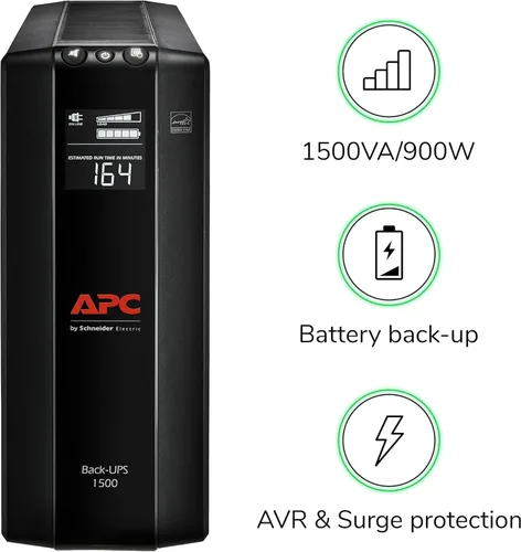 Vista 4 de APC UPS 1500VA/900W batería de reserva para PC, electrónica de oficina, BX1500M Back-UPS Pro UPS for home offices. 10 outlets, LCD, AVR, surge