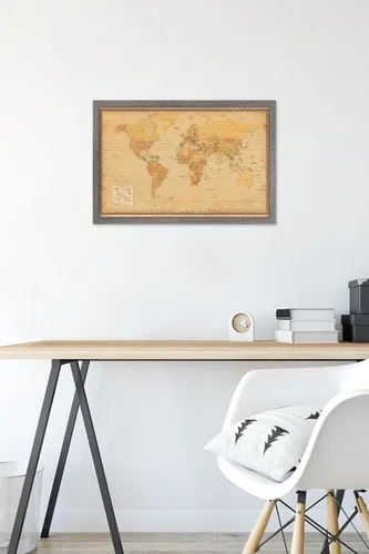Vista 6 de Trends International Póster de pared antiguo con mapa mundial 2024, 22.4 pulgadas de largo x 14.7 pulgadas, versión enmarcada en madera de granero