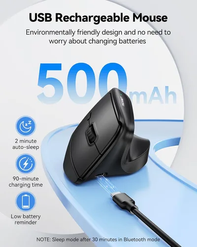 Vista 5 de TECKNET Ratón ergonómico inalámbrico Bluetooth, silencioso recargable vertical (BT 5.0/5.0+2.4G), 5 niveles 4800 DPI, batería de larga duración