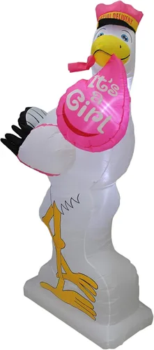 Vista 4 de Paquete de dos decoraciones de fiesta de baby shower, incluye cigüeña rosa inflable de 6 pies de alto con texto en inglés "It's a Girl" y una