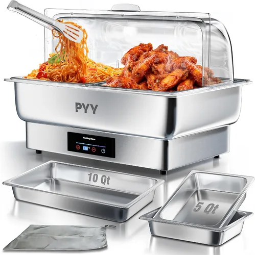 Vista 7 de Juego de buffet de platos de roce PYY con tapa enrollable, juego de 9 cuartos de galón de servidor de roce de acero inoxidable para catering, chafer