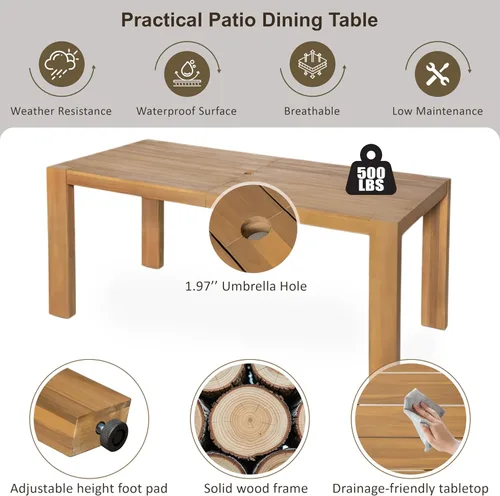 Vista 4 de Patio Dining Table Set for 6, 7-Piece Outdoor Furniture with 73 Inch Rectangular Table, Wood Chairs with Removable Cushions for Backyard, Poolside