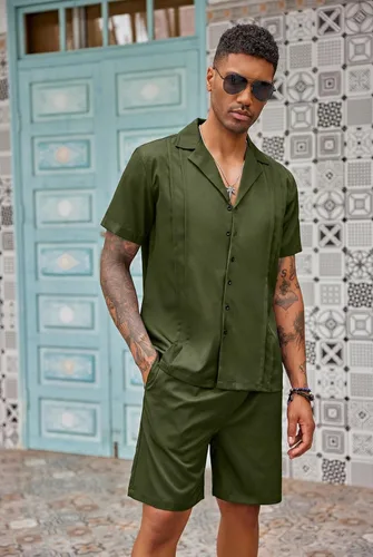 Vista 7 de COOFANDY Conjunto corto de 2 piezas para hombre, camisa con botones Guayabera, casual, trajes de playa de verano Verde militar