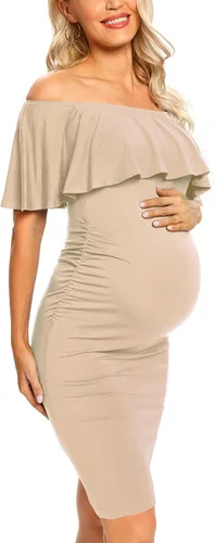 Vista 4 de Vestido de maternidad ajustado con volantes y hombros descubiertos, vestido de embarazo formal para baby showerfotografía